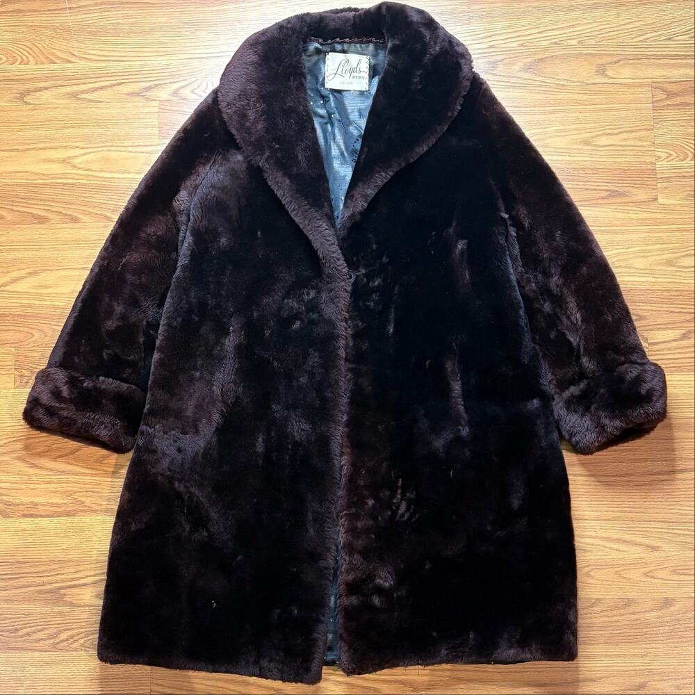 Vtg 1960s Lloyds Furs Denver Mouton Fur Coat Womens L Brown Genuine Fur Long